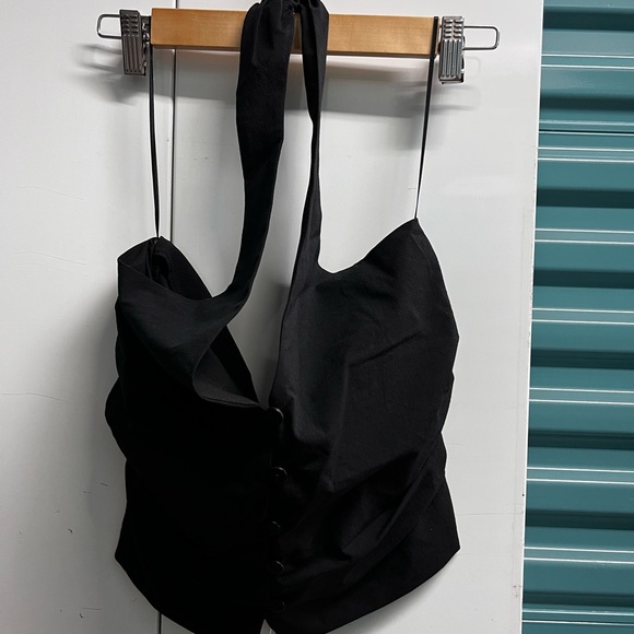 Zara Black Ruched Halter Button Vest Top - Picture 2 of 3